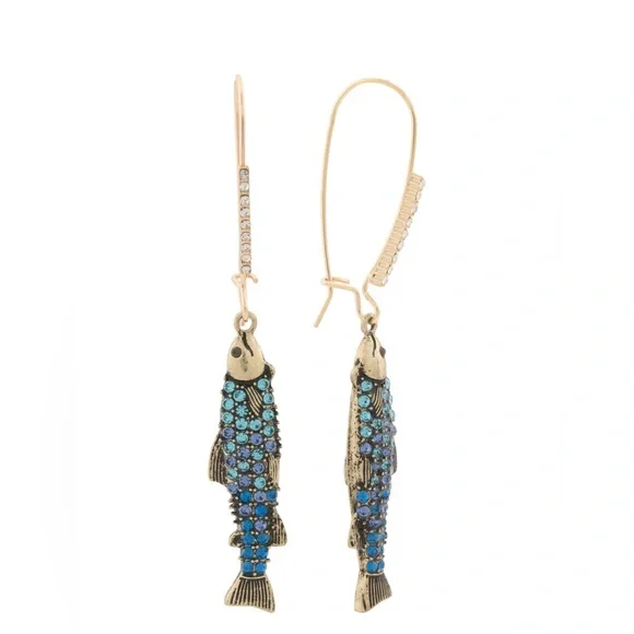 BETSEY JOHNSON Crystal Sardine Fish Dangle Earrings NEW - Picture 1 of 2
